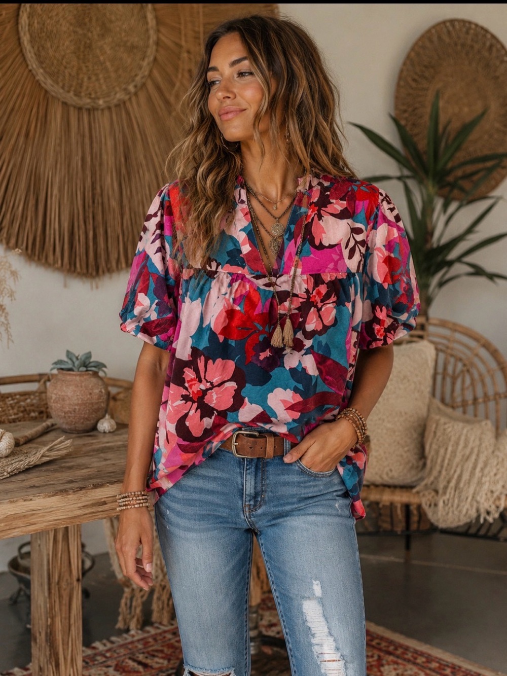 Floral V-Neck Short Sleeve‎ Tunic - Pink Multi size medium